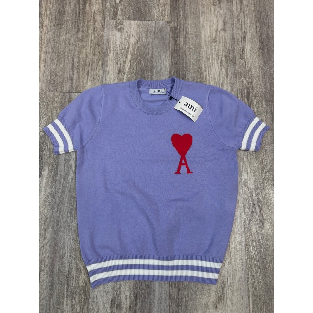 Ami Paris Short Sleeve Knit Sweater Purple Ami de Coeur Heart Logo Striped Trim